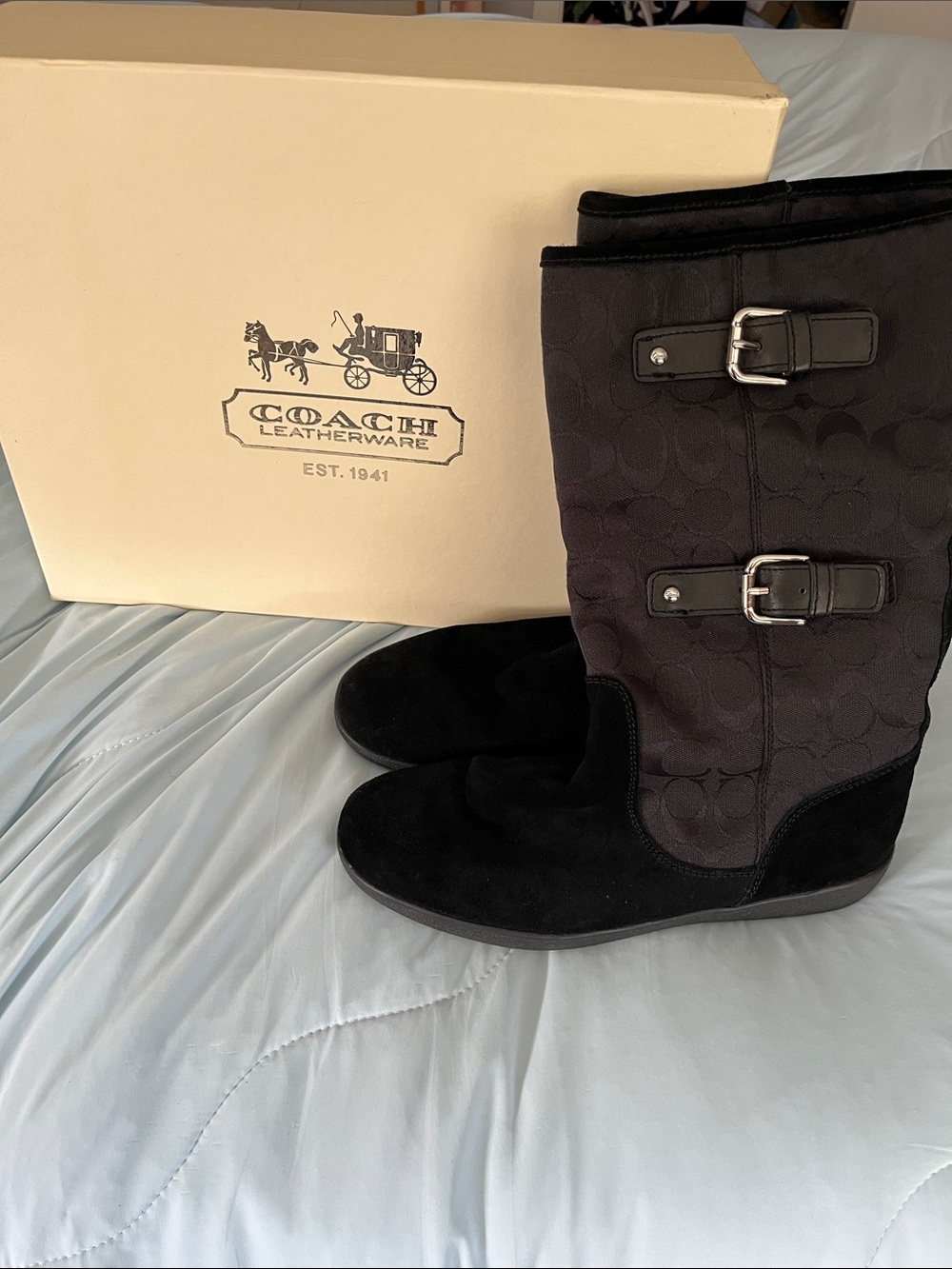 Coach Black Signature Mid-Calf Buckle Boots